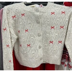 Holiday Cardigan with Red Bow Details Rhinestone Buttons Valentines ❤️🎀
